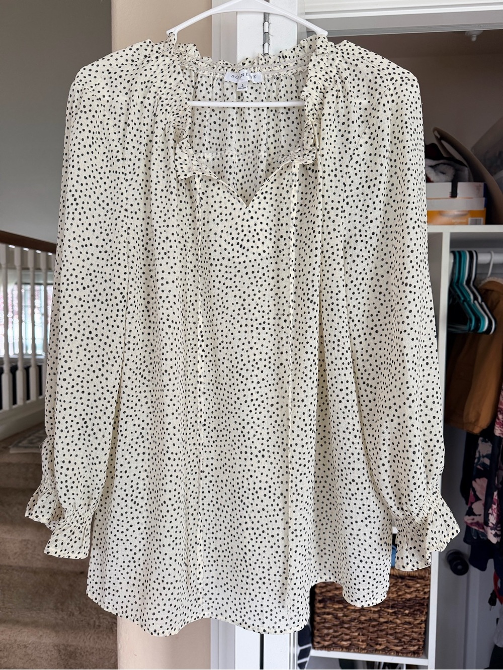 DownEast Ivory Black Polka Dot Ruffle-Neck Blouse